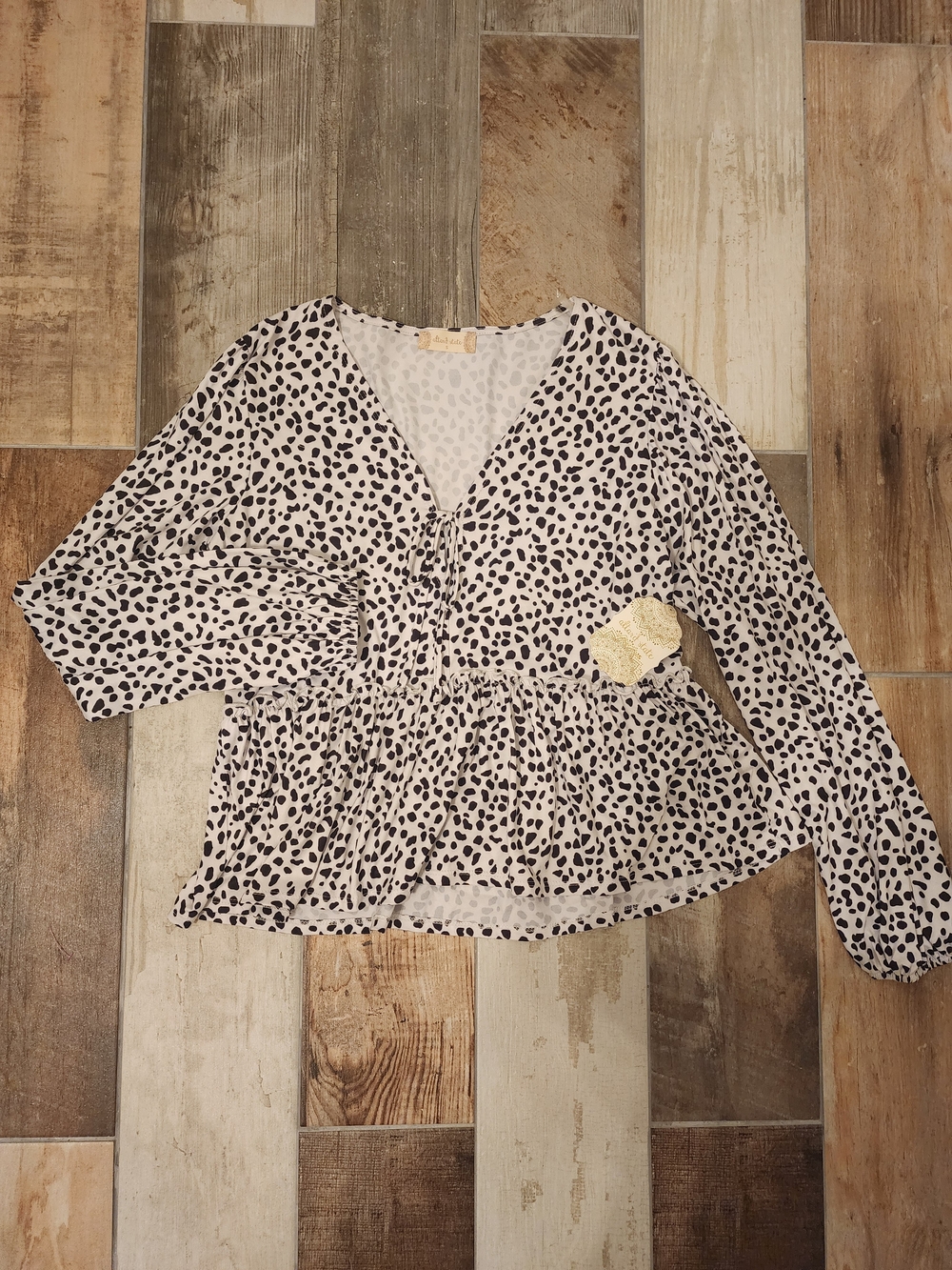 Altar'd State V-Neck Blouse in Black Spot Print on White NWT